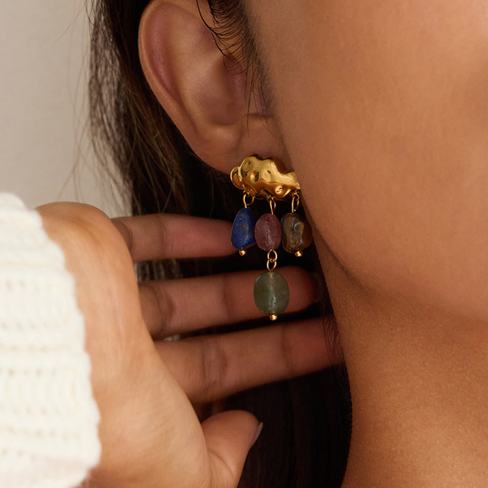 B廠 歐美款 復古彩色天然石 鈦鋼鍍18K金耳環 批發 折扣@洽客服 25.10.W5「JDE0207051」