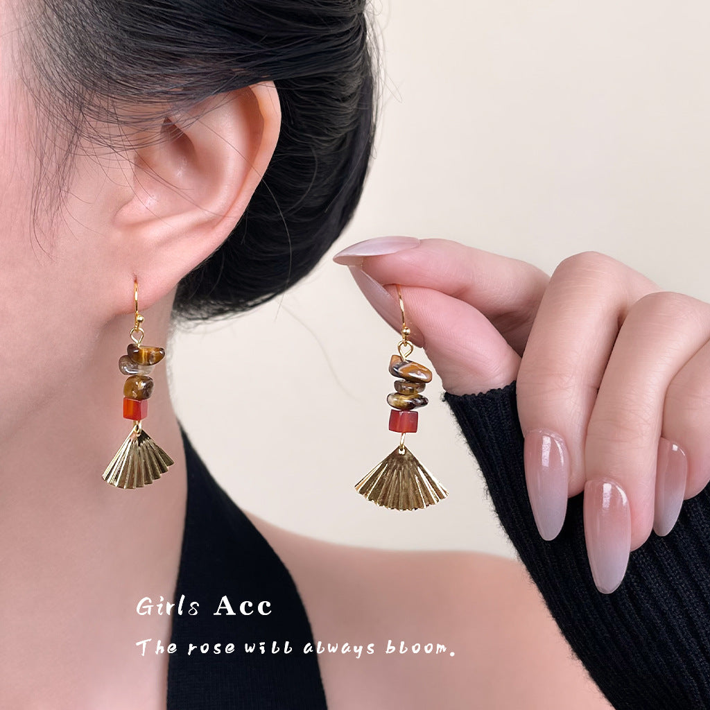 A廠 韓系款手作扇形流蘇虎眼石銀針銀針耳環 批發 折扣@洽客服 25.12.W2「6862」