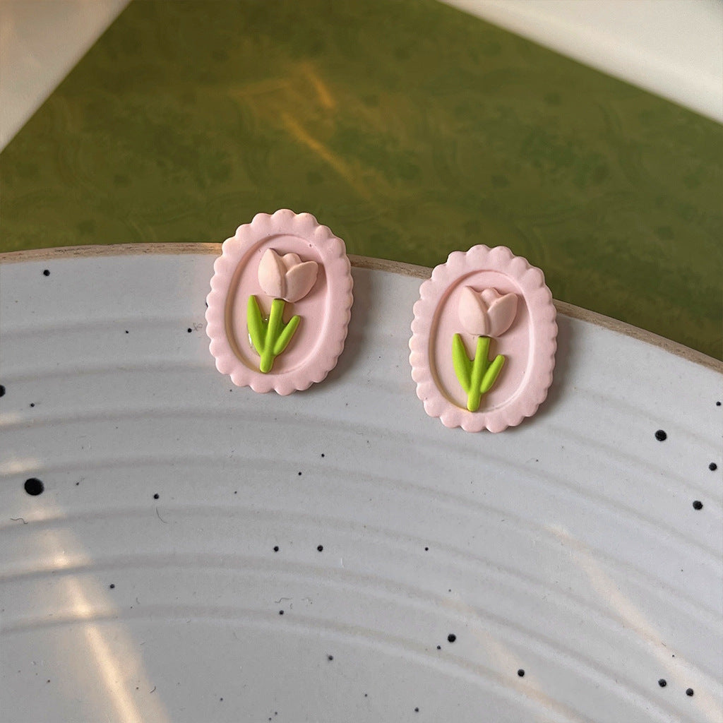 A廠 日韓可愛撞色鬱金香銀針耳環批發 折扣@洽客服 26.03.W3「B-447」