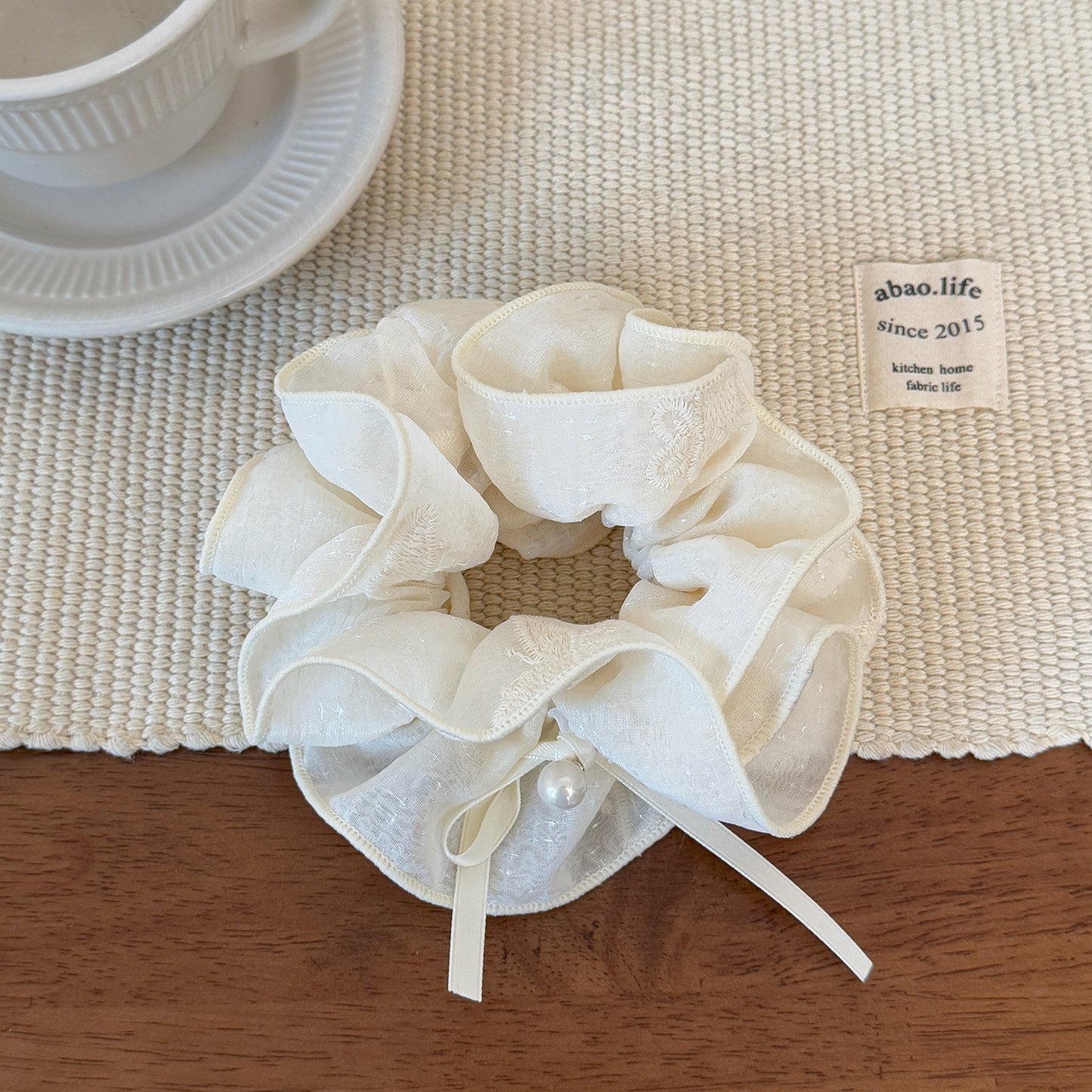 D廠 韓版米白色刺繡雙層頭花髮圈批發 折扣@洽客服 26.06.W1「FQ-1043」