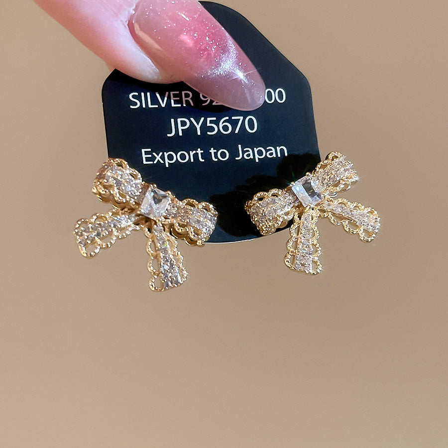 A2廠 韓國韓版優雅鋯石蝴蝶結銅電鍍14K金銀針耳環 批發 折扣@洽客服 25.12.W4「HE29813」