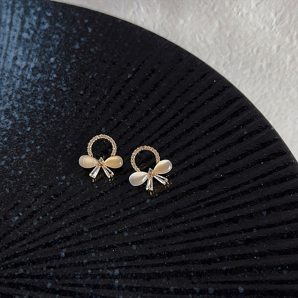 A廠 日韓款小巧貓眼石蝴蝶結銀針耳環 批發 折扣@洽客服 25.11.W4「852」