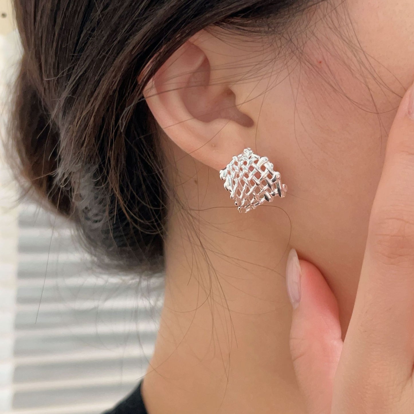 C3廠 韓版重工編制網格幾何S925純銀耳環 批發 折扣@洽客服 25/11.W4「HES012-1」