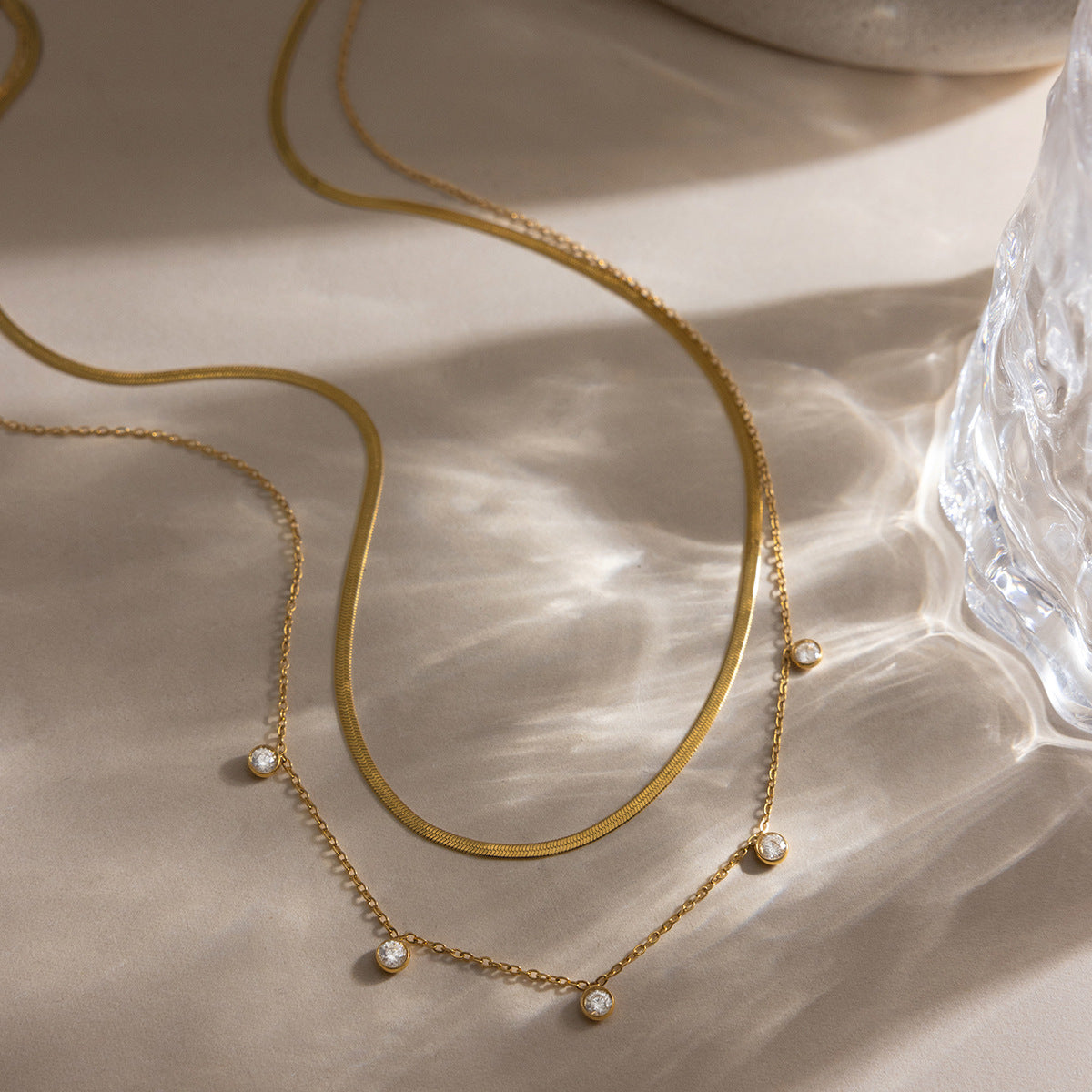 B廠 歐美款 雙層鋯石鈦鋼鍍18K金項鍊 批發 折扣@洽客服 26.03.W1「JDN0211140」