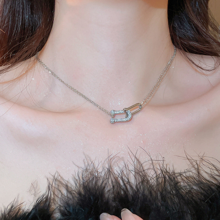 A2廠 韓國韓版簡約雙層鋯石馬蹄交叉項鍊批發 折扣@洽客服 26.03.W3「HN11327」