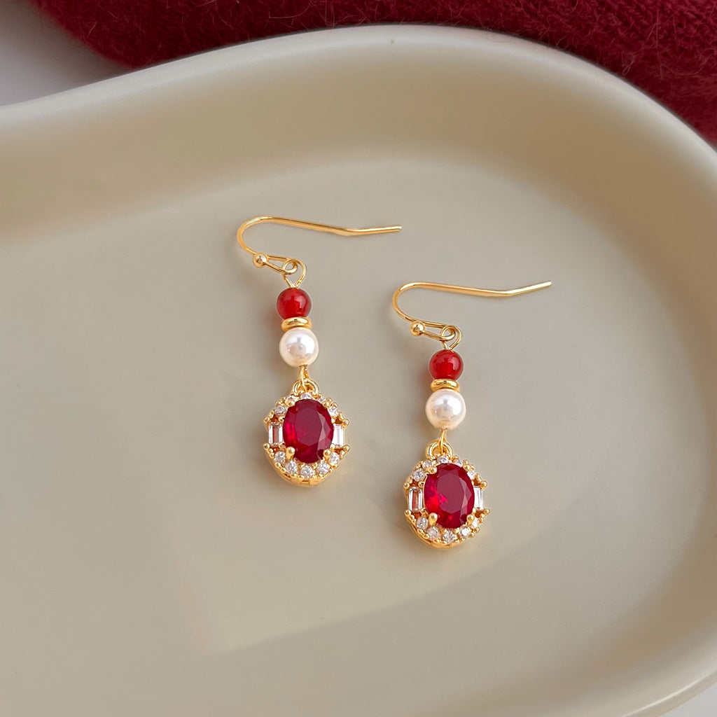 A廠 日韓款復古酒紅鋯石珍珠耳環 批發 折扣@洽客服 26.01.W1「7028」