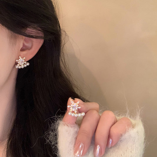 A2廠 韓國韓版鋯石花朵珍珠電鍍14k真金前後帶銀針耳環 批發 折扣@洽客服 25.12.W3「HE29446」