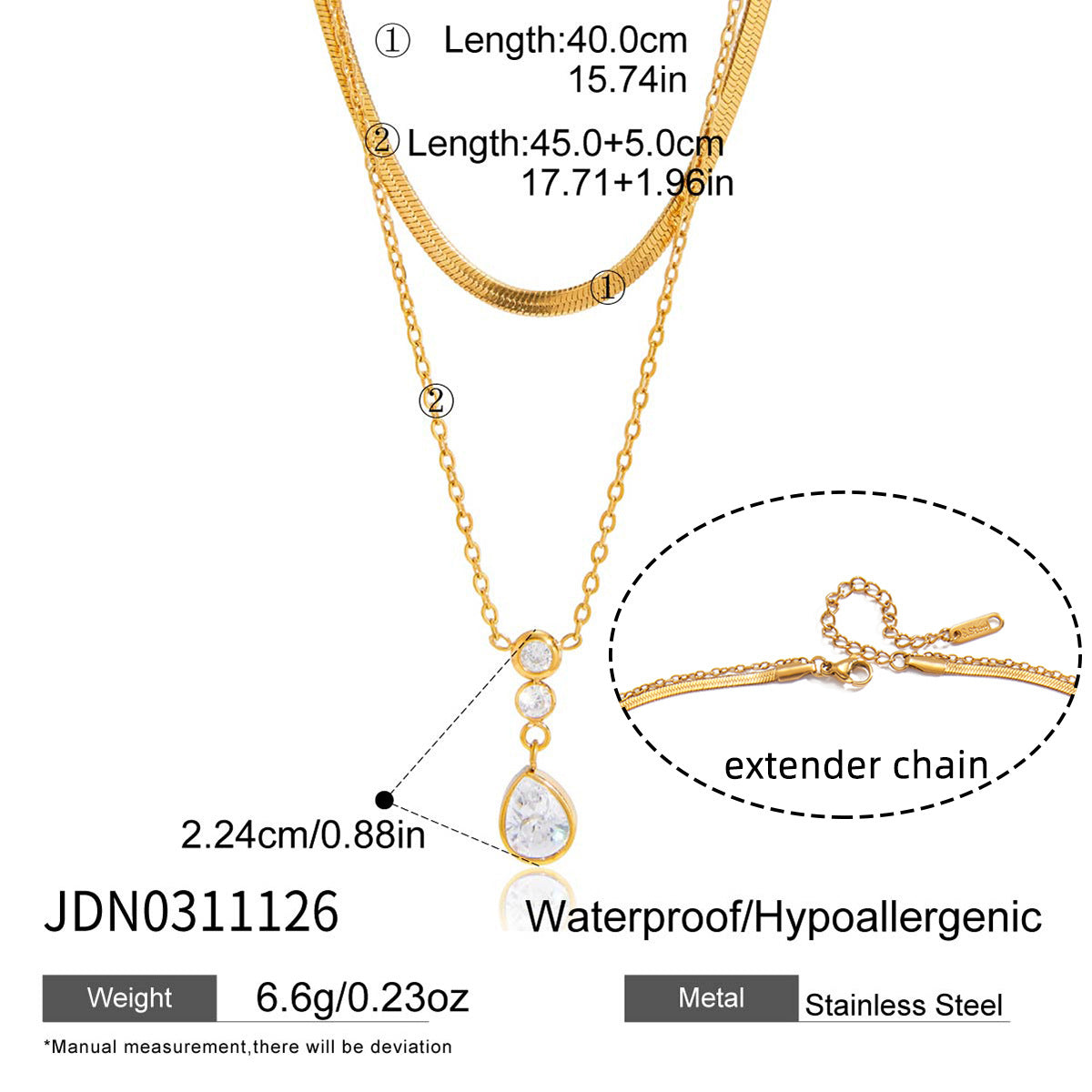 B廠 歐美款 水滴鋯石吊墜O字鏈雙層鈦鋼鍍18K金項鍊 批發 折扣@洽客服 26.03.W1「JDN0311126」