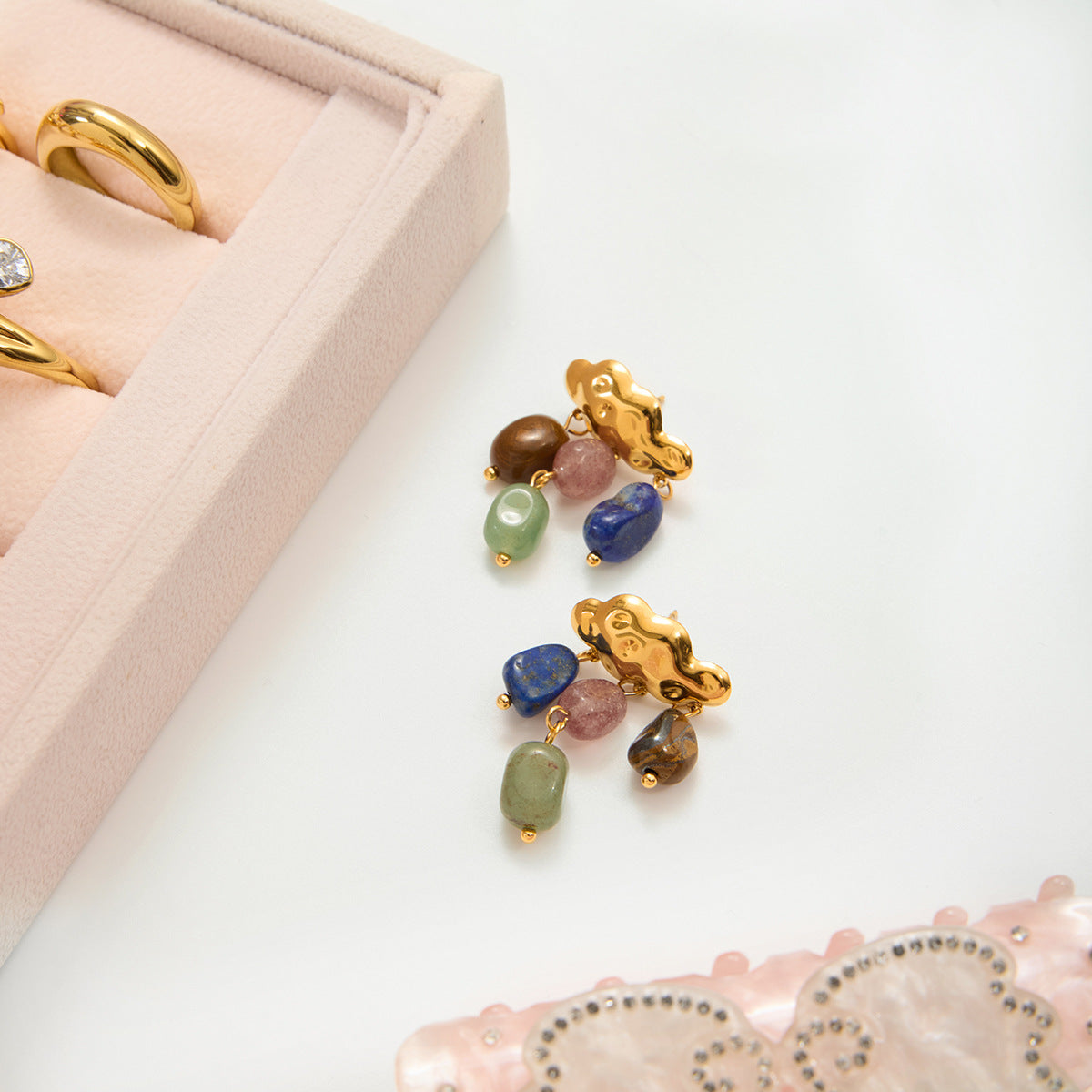 B廠 歐美款 復古彩色天然石 鈦鋼鍍18K金耳環 批發 折扣@洽客服 25.10.W5「JDE0207051」