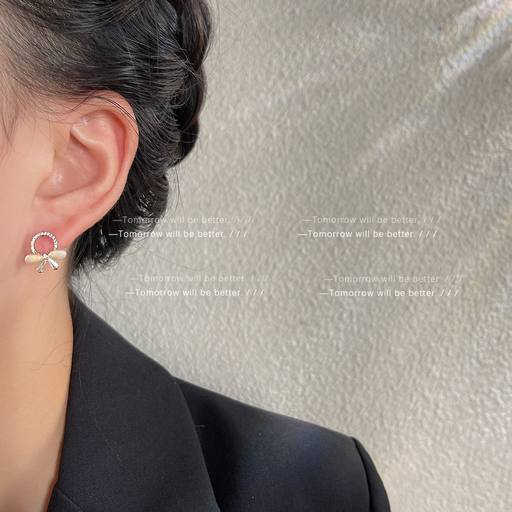 A廠 日韓款小巧貓眼石蝴蝶結銀針耳環 批發 折扣@洽客服 25.11.W4「852」