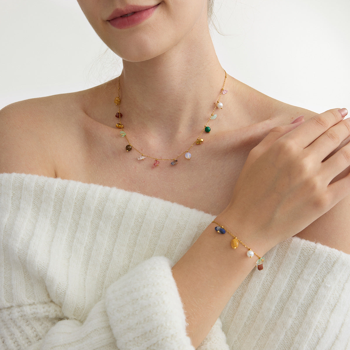 B廠 歐美款 LUNA 天然石鈦鋼鍍18K金項鍊 批發 折扣@洽客服 25.12.W1&手鍊「JDB0209019,JDN0209013」