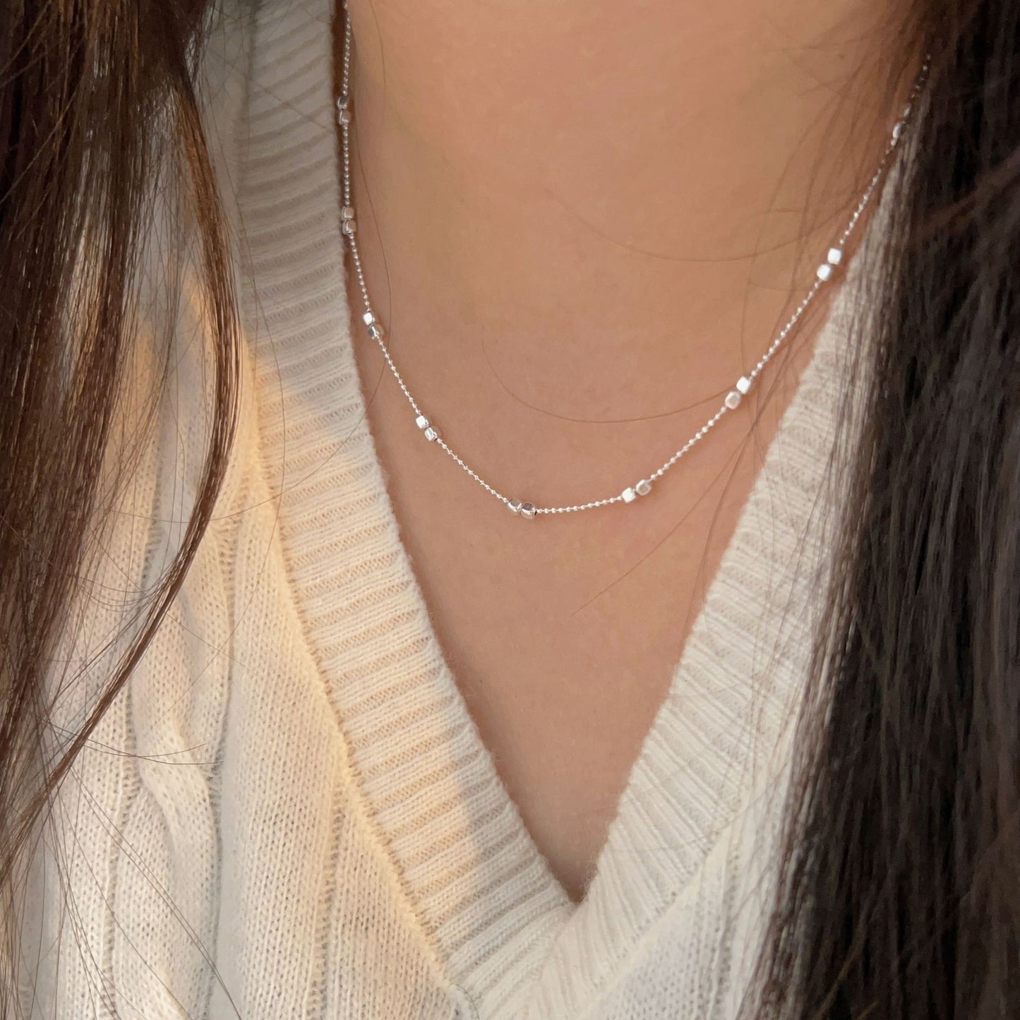 C3廠 韓國韓版幾何方塊圓珠S925純銀項鍊 批發 折扣@洽客服 25.12.W2「hxl363」