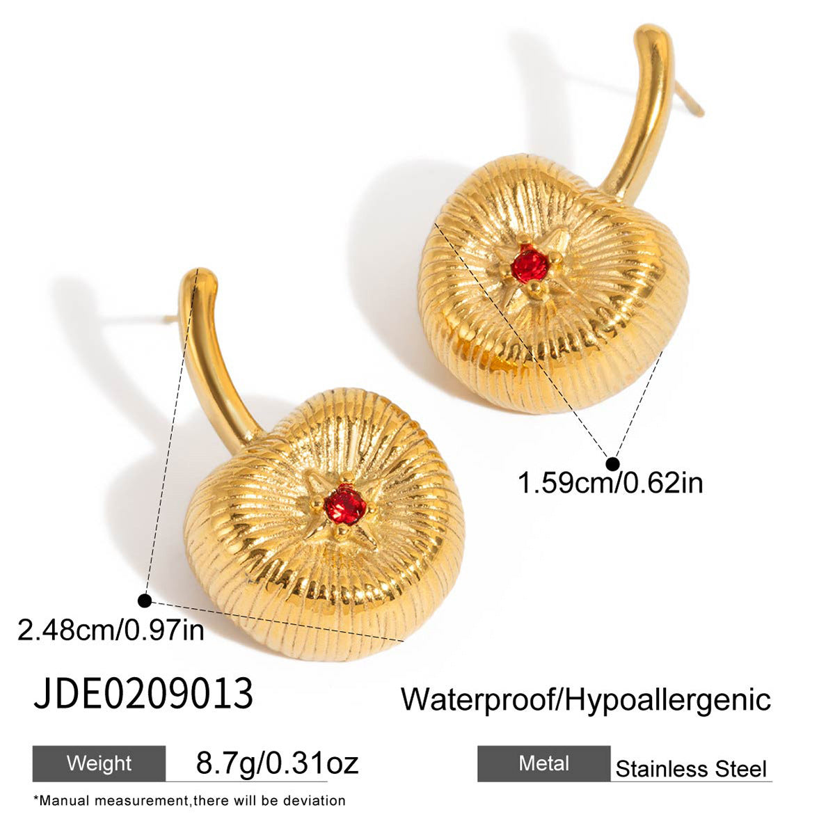 B廠 鈦鋼鍍18K金｜ 紅色水鑽櫻桃耳環 批發 折扣@洽客服 26.01.W2「JDE0209013」