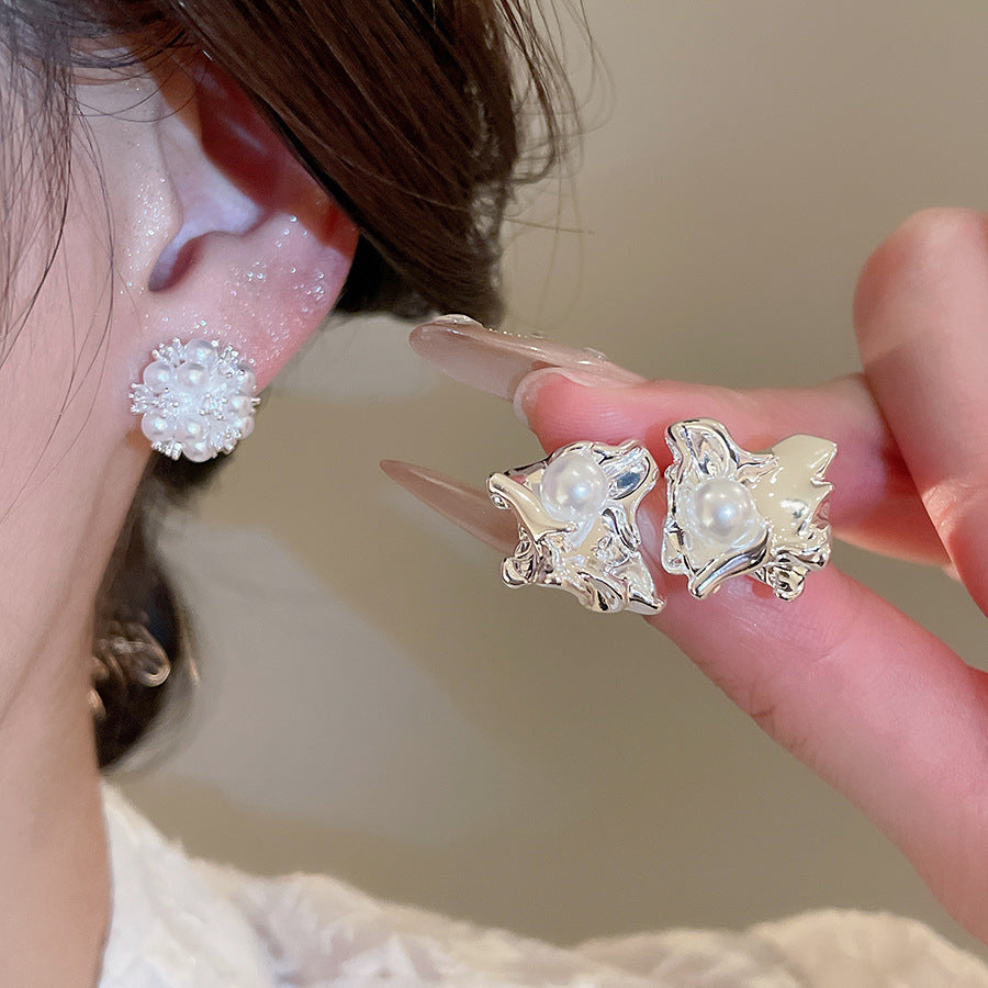 A2廠 韓國韓版珍珠方形褶皺花朵銀針耳環 批發 折扣@洽客服 25.11.W1「HE29036-HE29037」