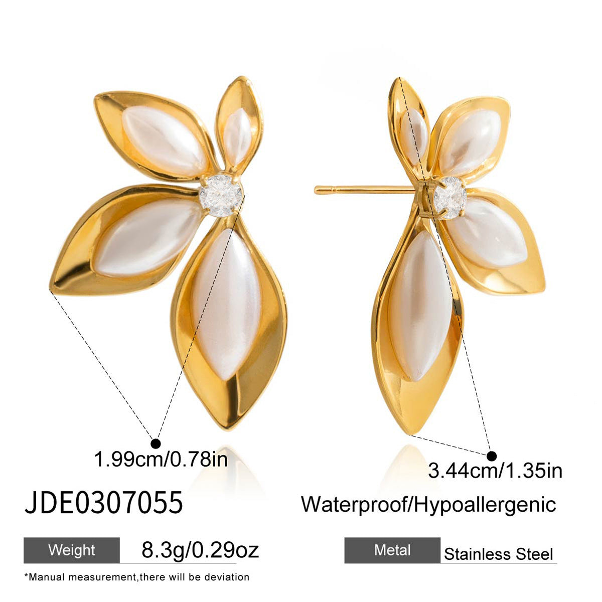 B廠 歐美款 楓葉樹脂珍珠鑲鋯石 鈦鋼鍍18K金耳環 批發 折扣@洽客服 25.10.W5「JDE0307055」