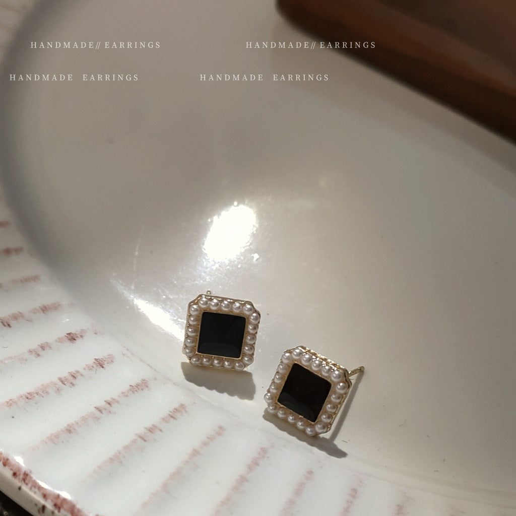 A廠 日韓款 復古珍珠滴油方形銀針耳環 批發 折扣@洽客服 25.10.W5「B-192-B-193」