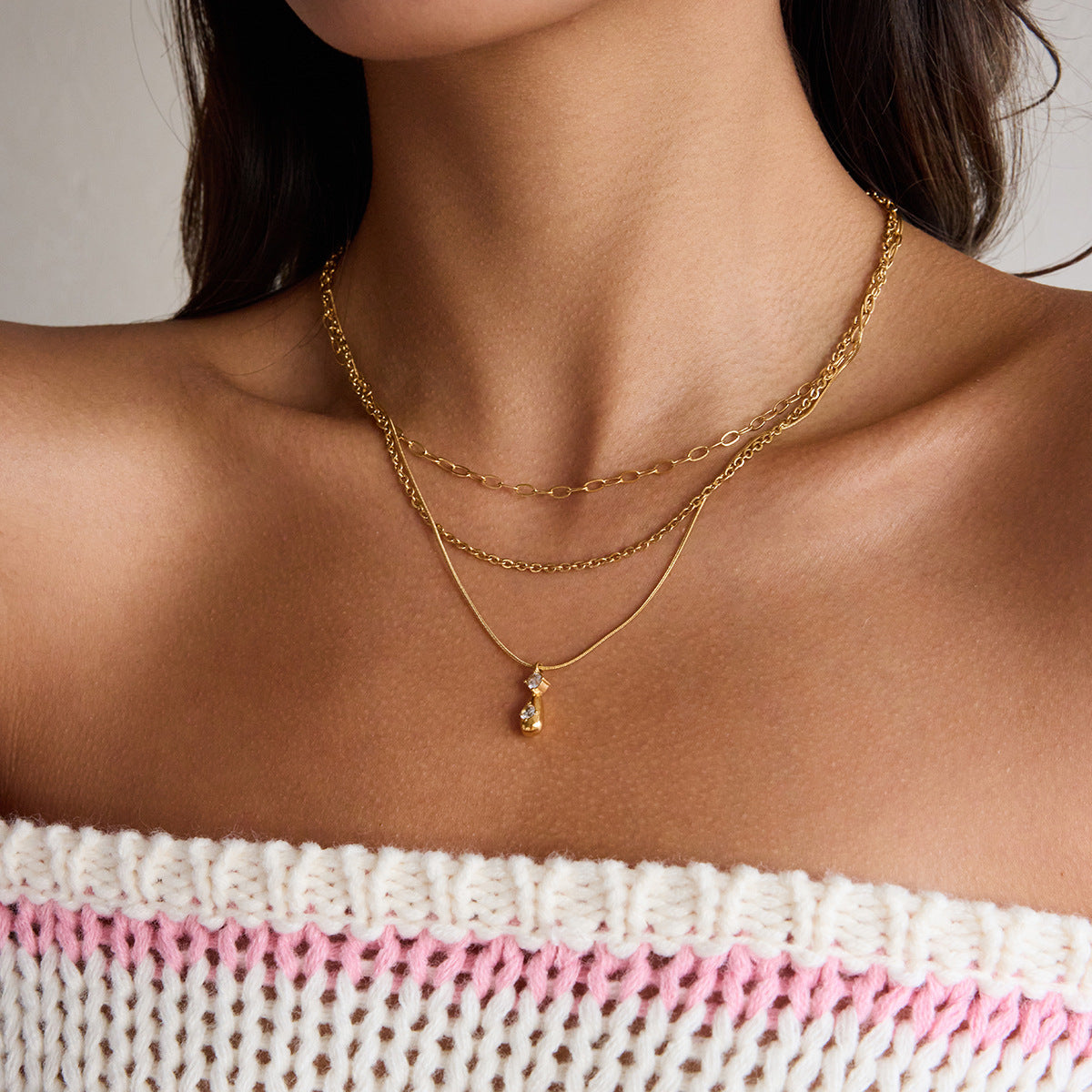 B廠 歐美款 SCARLETT 鈦鋼鍍18K金 3層項鍊 批發 折扣@洽客服 25.11.W2「JDN0307044」