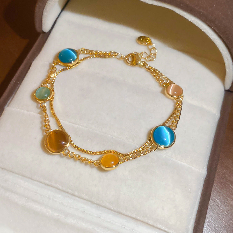 A2廠 韓國韓版貓眼石圓形雙層電鍍18k真金手鍊 批發 折扣@洽客服 25.10.W3「WB1617」