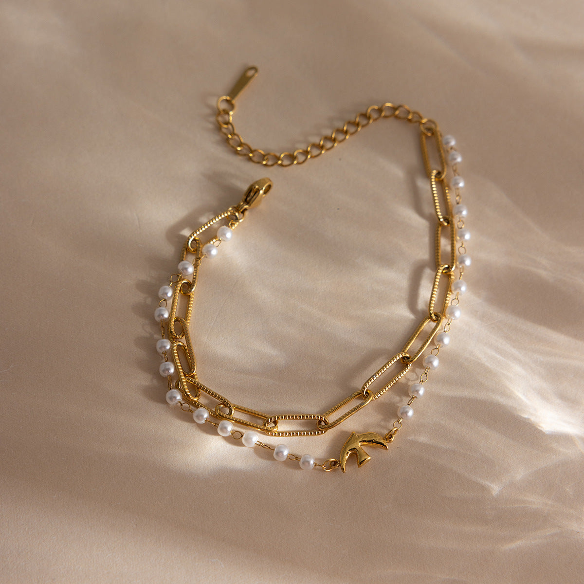 B廠 鈦鋼鍍18K金｜歐美仿珍珠和平鴿手鍊 批發 折扣@洽客服 26.01.W4「JDB0211110」