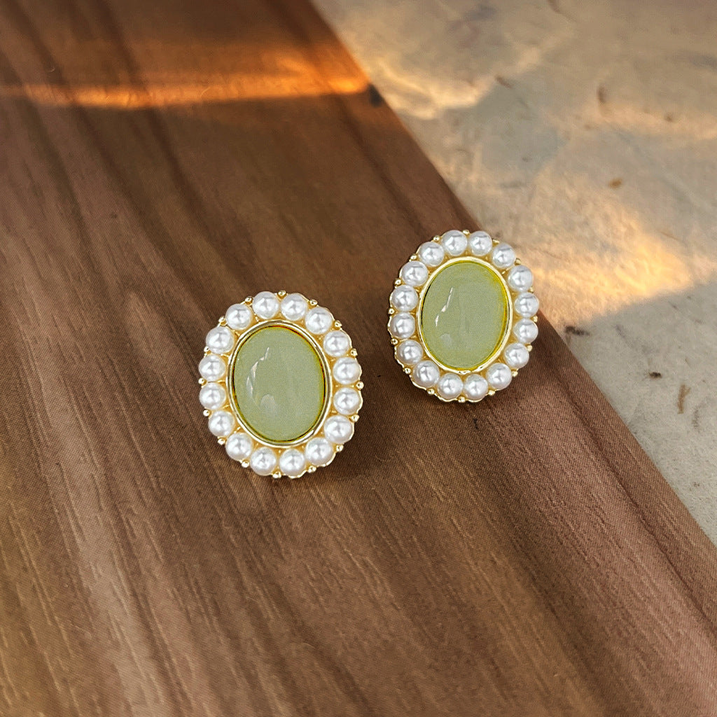 A廠 日韓款 復古綠橢圓形珍珠銀針耳環 批發 折扣@洽客服 25.11.W2「A106」